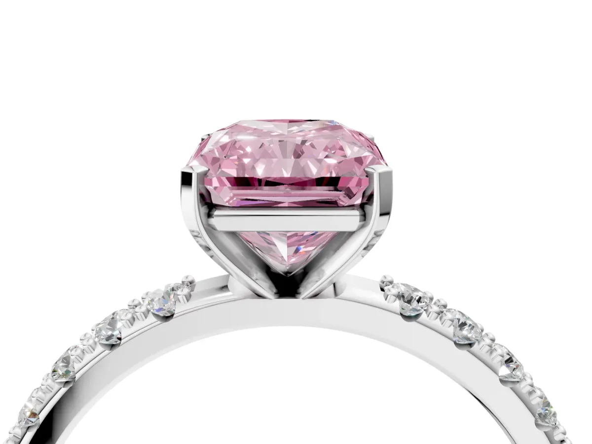 Fancy Pink Radiant Cut Diamond Solitaire Pavé Band with Four-Prong Setting Silver