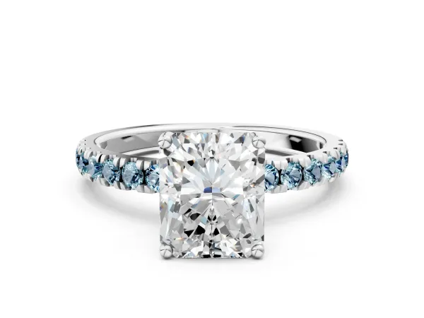 Radiant Cut Diamond Pave Band Solitaire Ring with Round Aquamarine and Prong Setting Platinum