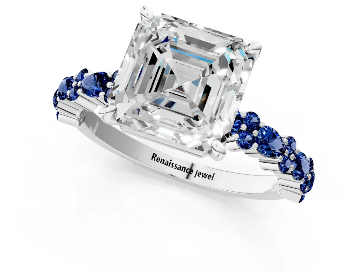 Asscher Cut Diamond Side Stone Solitaire Ring with Round Blue Sapphire and Four-Prong Setting Platinum