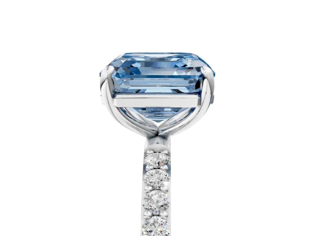 Fancy Blue Asscher Cut Diamond Solitaire Ring with Round Pavé Band and Prong Setting Platinum