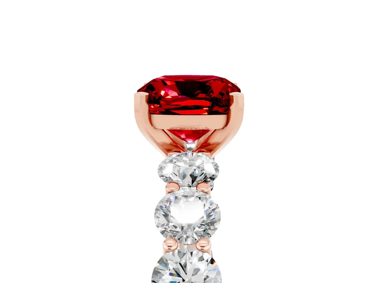 Cushion Cut Ruby Prong Setting with Side Stones on a Pave Band Rose gold