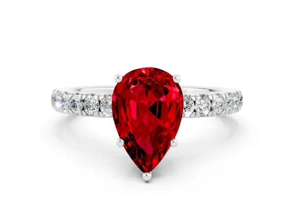 Pear Cut Ruby Pave Band Solitaire Ring with Round and Prong Setting White gold