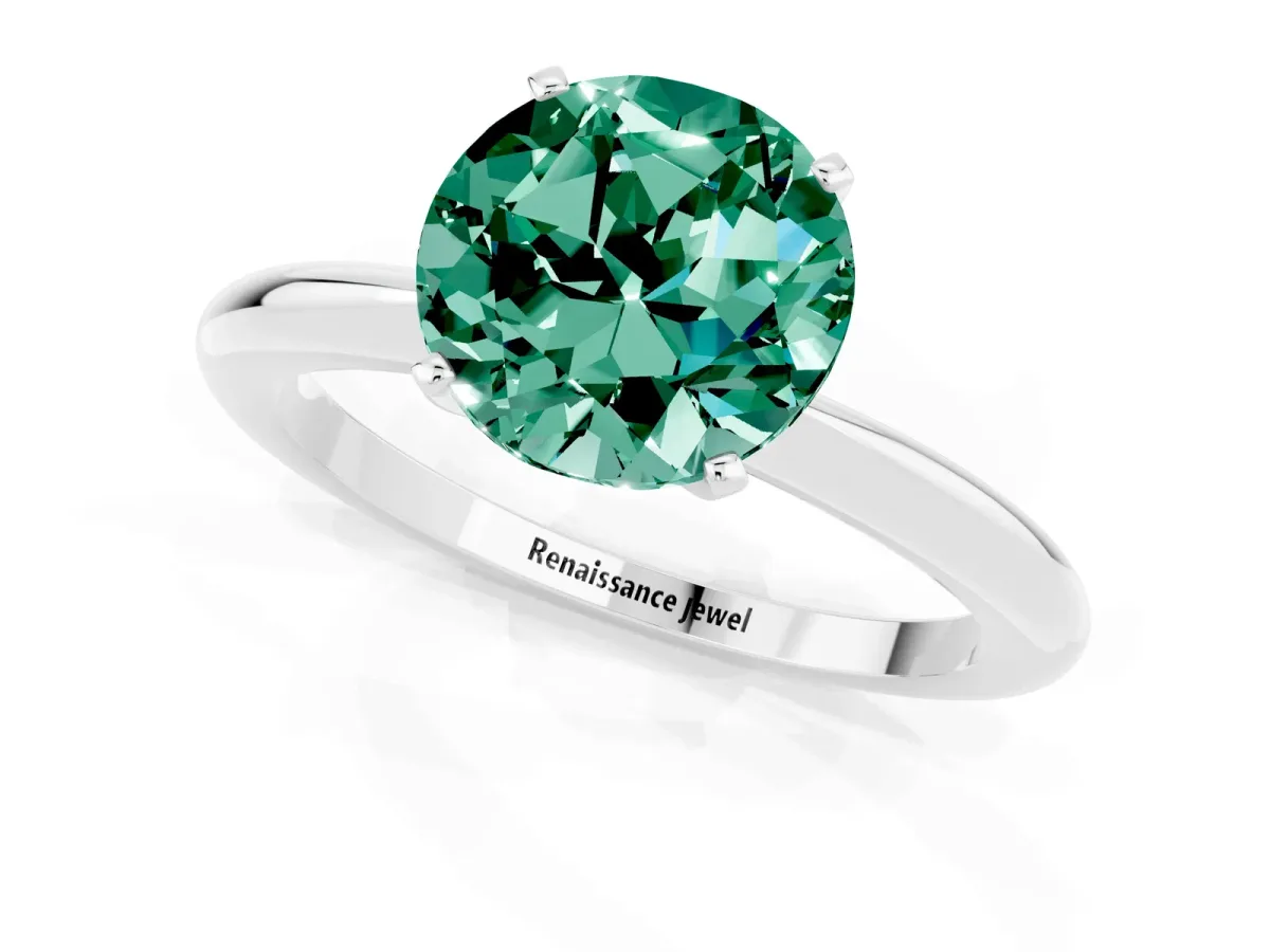 Round Cut Green Sapphire Solitaire Ring with Six-Prong Setting and Classic Band Silver