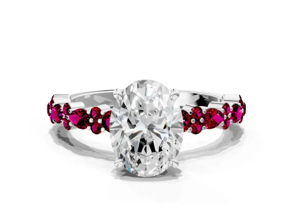 Oval Cut Diamond Side Stone Solitaire Ring with Round Garnet and Four-Prong Setting White gold