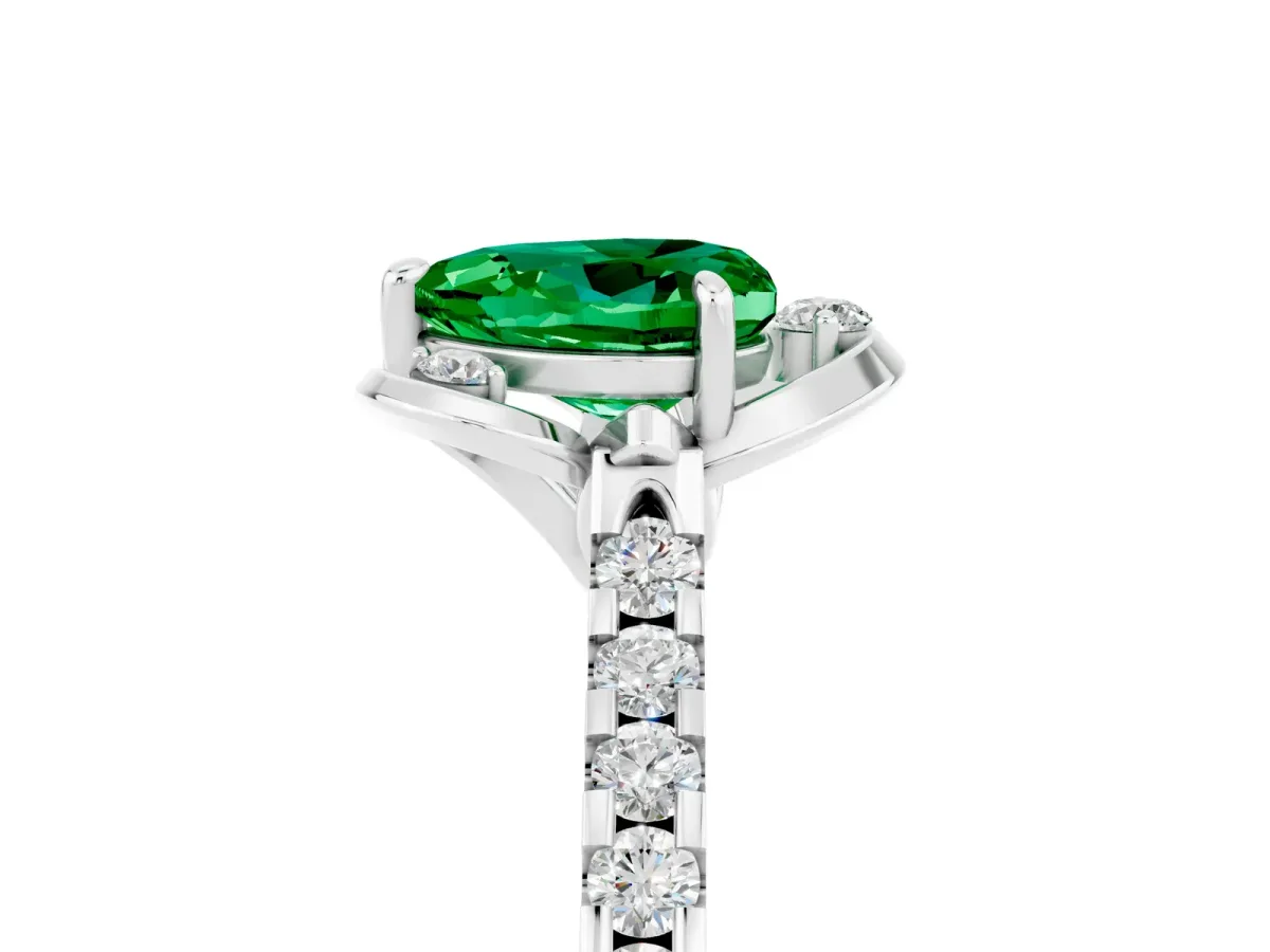 Heart Cut Emerald Ring with Pavé Band and Floral Prong Setting Silver