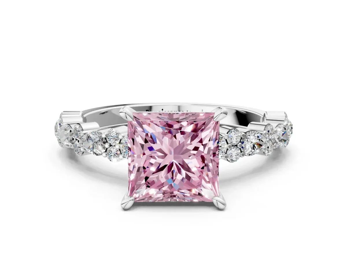 Fancy Pink Princess Cut Diamond Side Stone Solitaire Ring with Round and Four-Prong Setting Silver