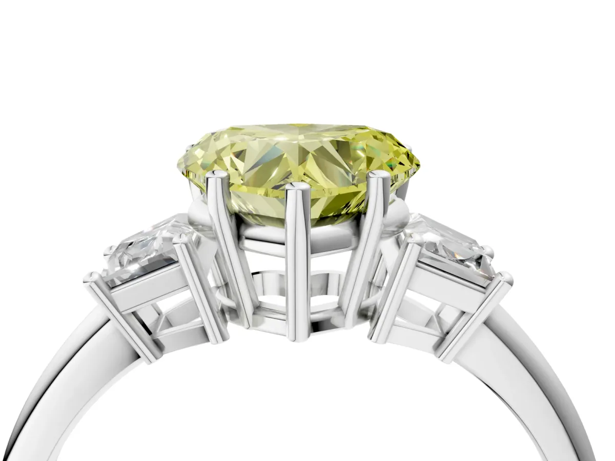 Fancy Yellow Heart Cut Diamond Three-Stone Ring with Trapezoid Side Stones and Prong Setting Silver