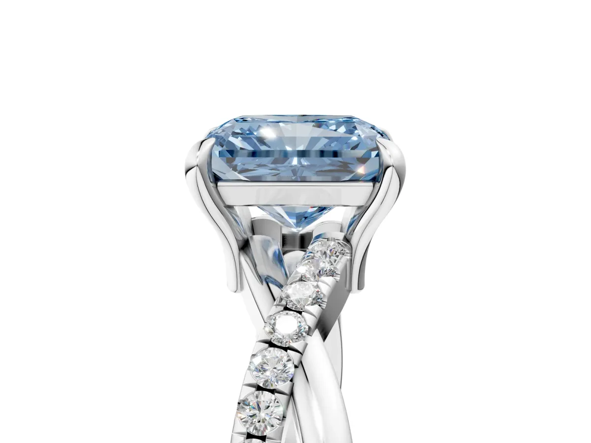 Fancy Blue Radiant Cut Cut Twist Band Solitaire Diamond Ring with Pavé Setting Platinum