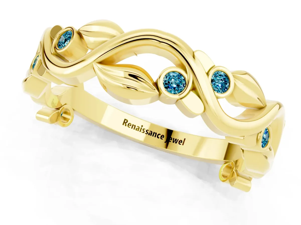Round Blue Topaz Leaf Eternity Band with Bezel Setting Yellow gold