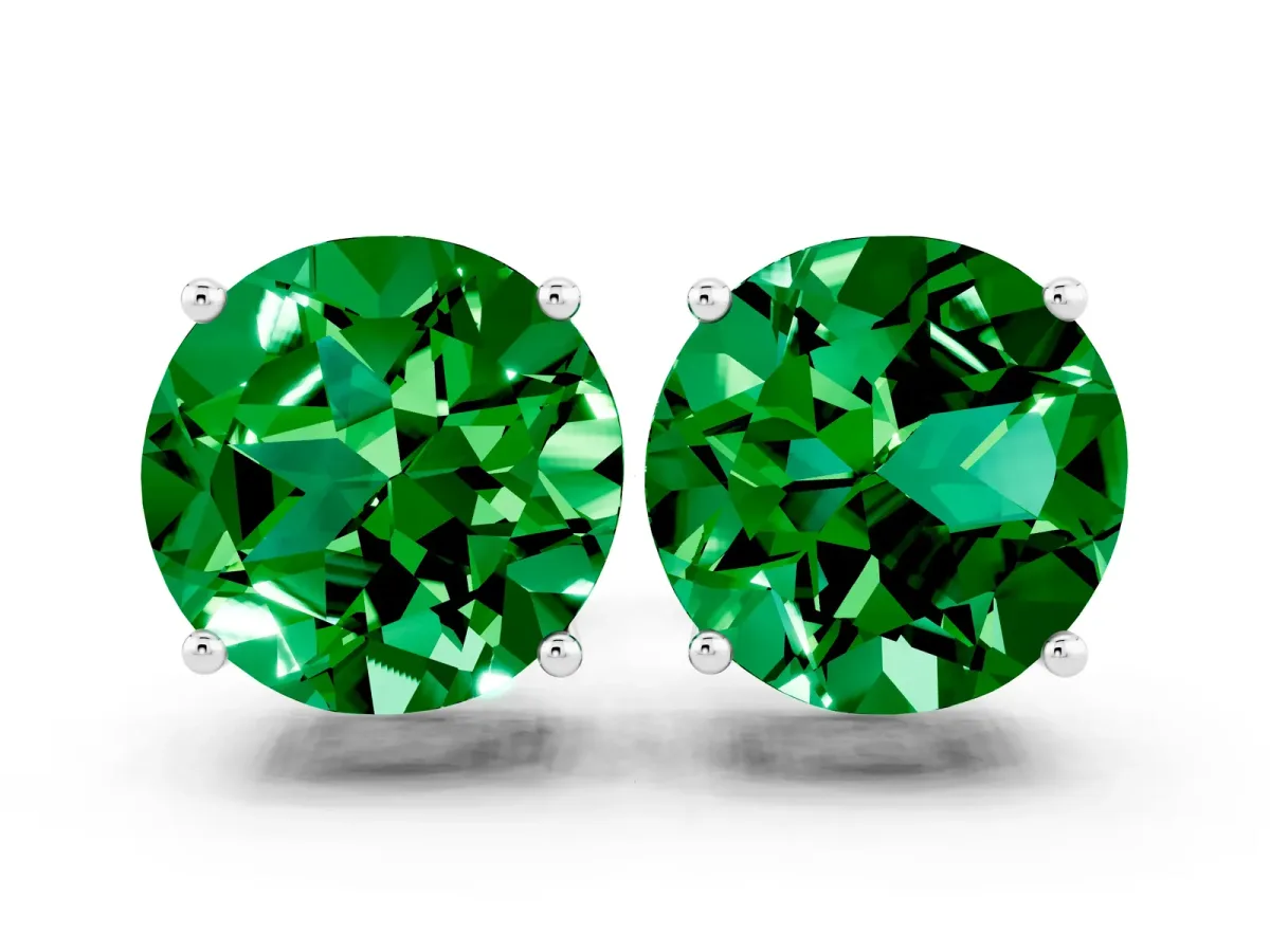 Round Cut Emerald Stud Earrings Silver