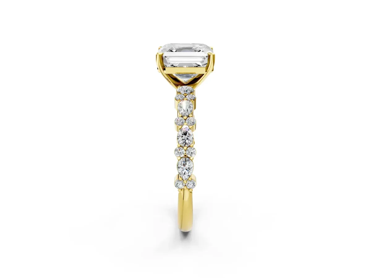 Asscher Cut Diamond Side Stone Solitaire Ring with Round and Four-Prong Setting Yellow gold