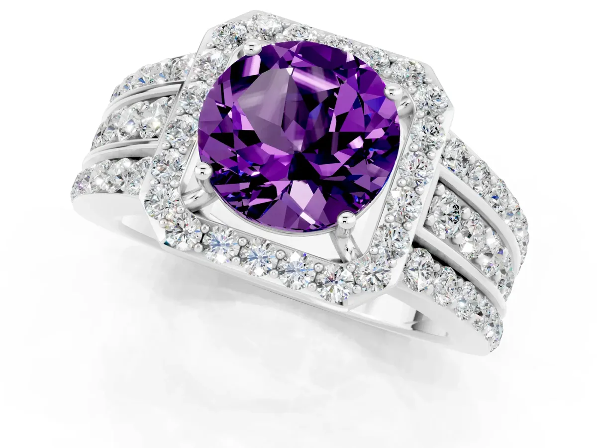 Round Cut Halo Amethyst Ring with Round Split Shank and Prong Setting Silver
