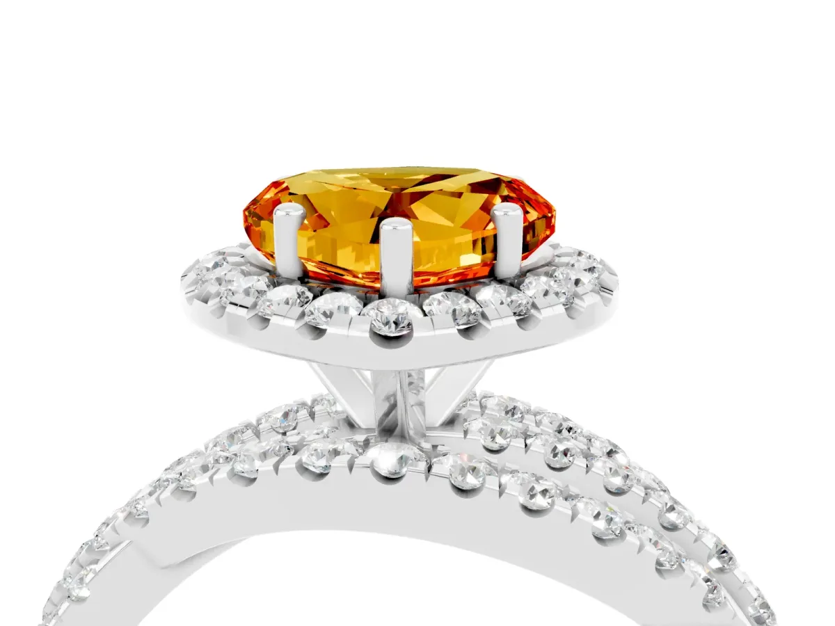 Heart Cut Citrine Halo Ring with Round Split Shank and Prong Setting Platinum
