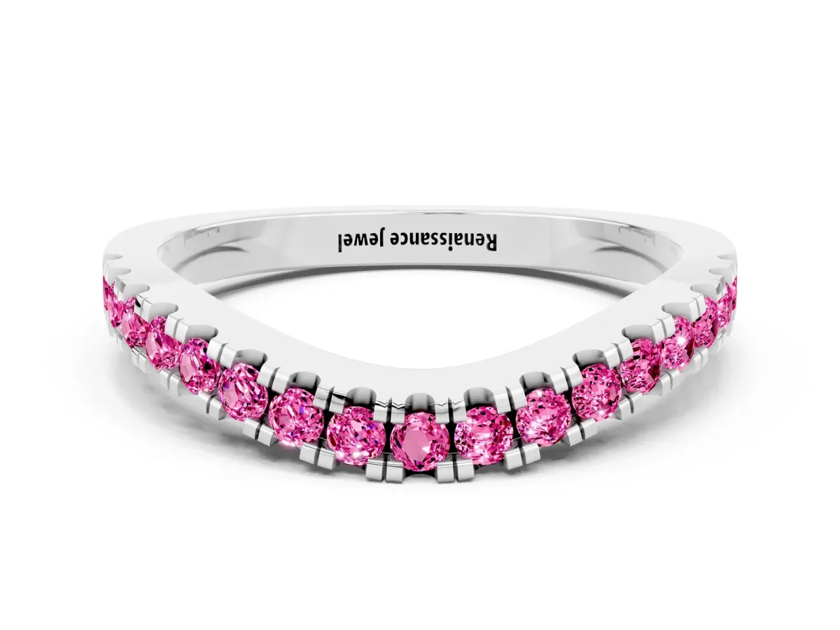 Round Pink Sapphire Pavé Curved Band with Shared Prong Setting Platinum