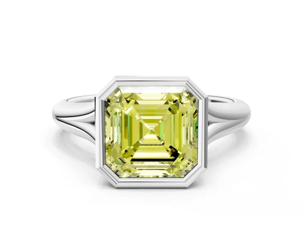 Fancy Yellow Bezel Set Asscher Cut Solitaire Diamond Ring with Smooth Band Platinum