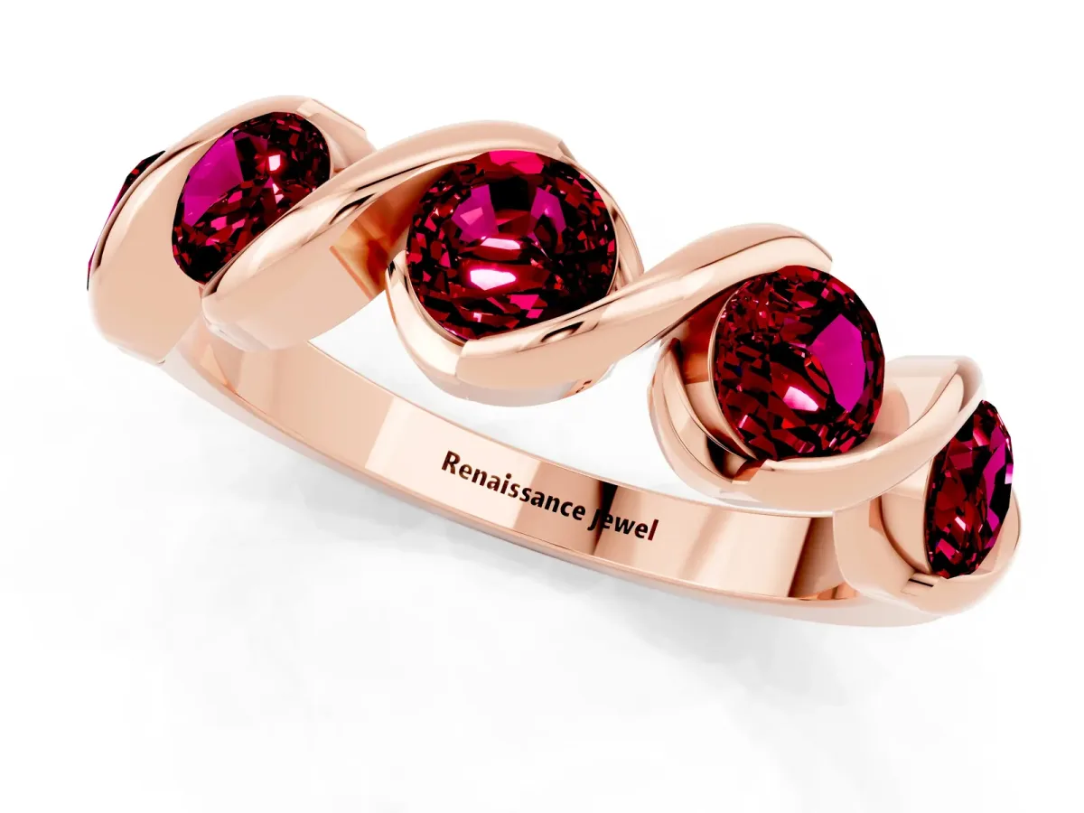 Round Garnet Wave Band with Channel Setting and Shared Prongs Rose gold