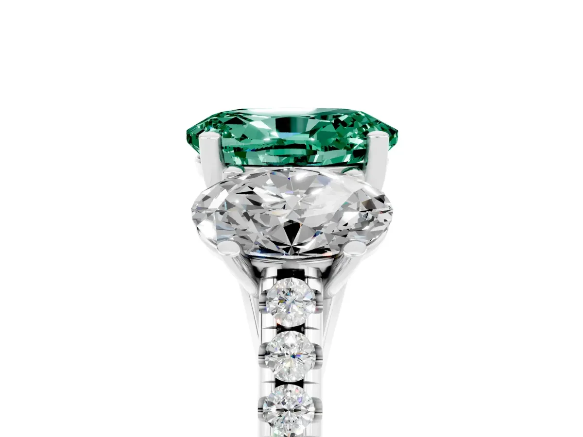Three-Stone Oval Cut Green Sapphire Ring with Round Pavé Band and Prong Setting Silver