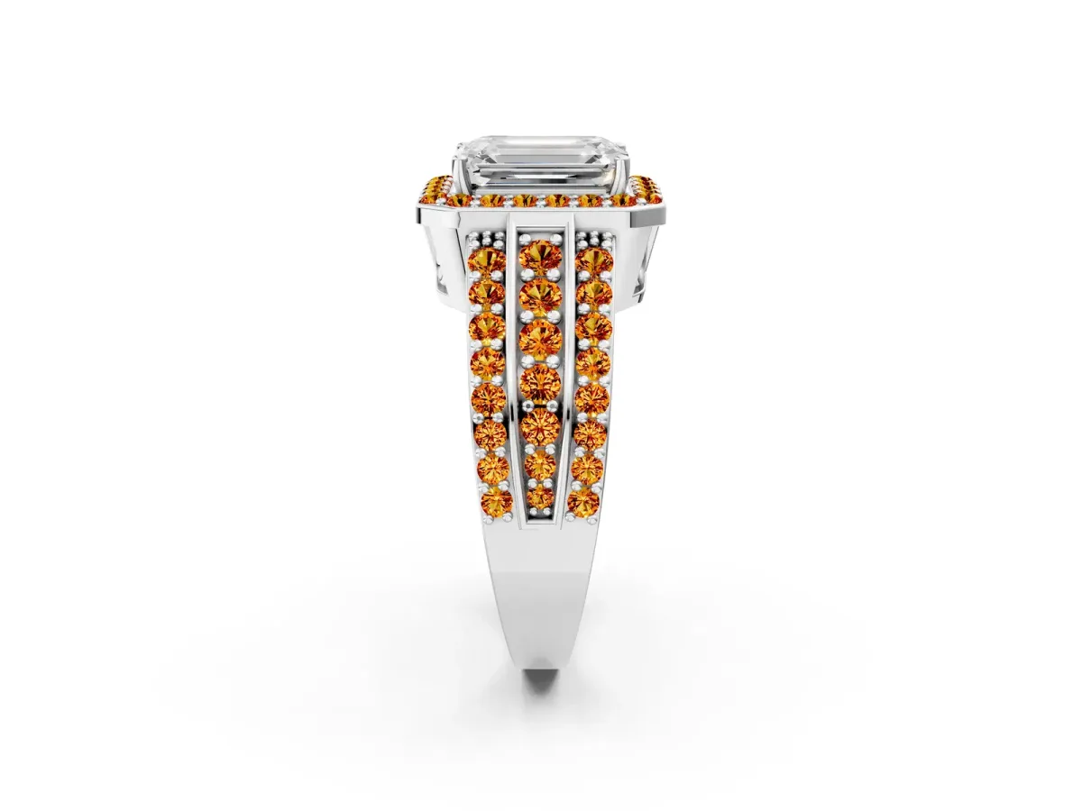 Emerald Cut Halo Diamond Ring with Round Citrine Split Shank and Prong Setting Silver