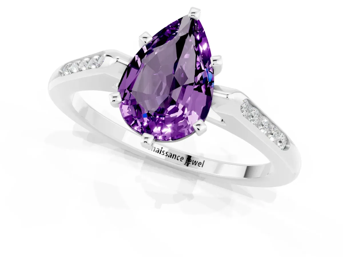 Pear Cut Amethyst Solitaire Ring with Channel Set Round Band and Prong Setting Silver