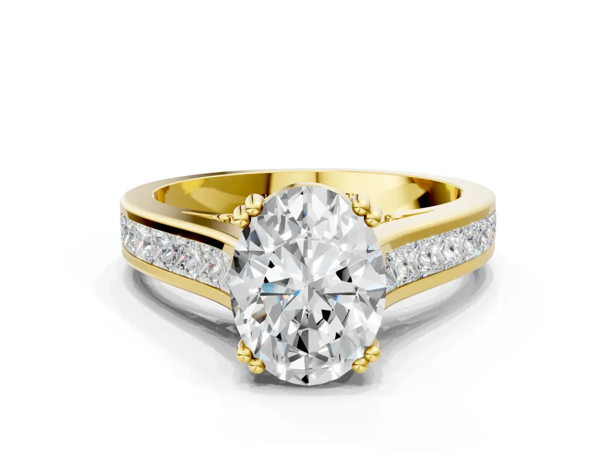 Oval Cut Cut Channel Set Solitaire Engagement Ring with Prong Setting Yellow gold