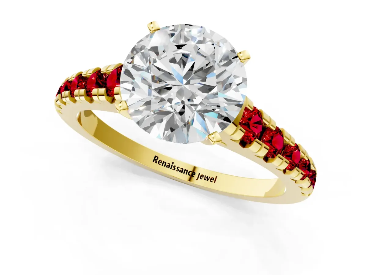 Round Cut Diamond Cathedral Solitaire Ring with Round Ruby Pavé Band Yellow gold
