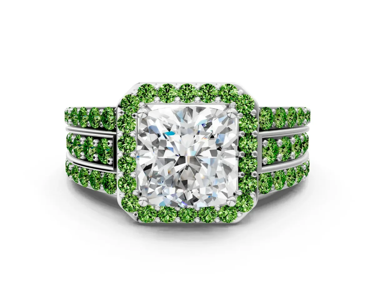 Cushion Cut Halo Diamond Ring with Round Peridot Split Shank and Prong Setting Platinum