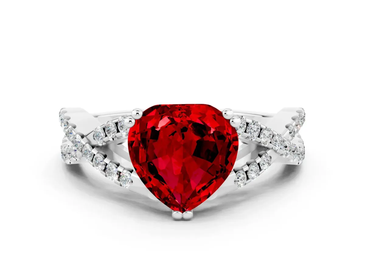 Heart Cut Ruby Solitaire Ring with Four-Prong Setting and Twisted Pavé Band Silver