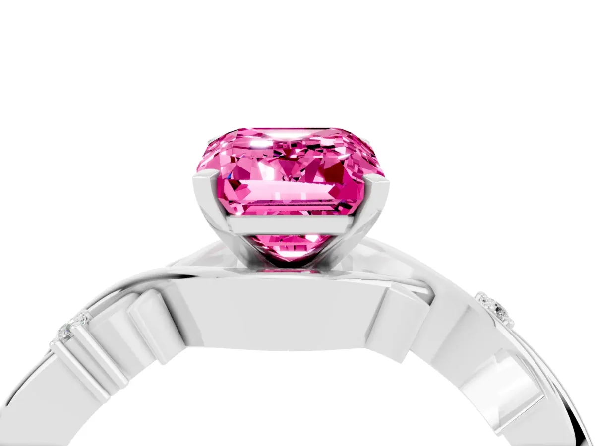Emerald Cut Pink Sapphire Solitaire Ring with Twisted Band and Prong Setting Silver