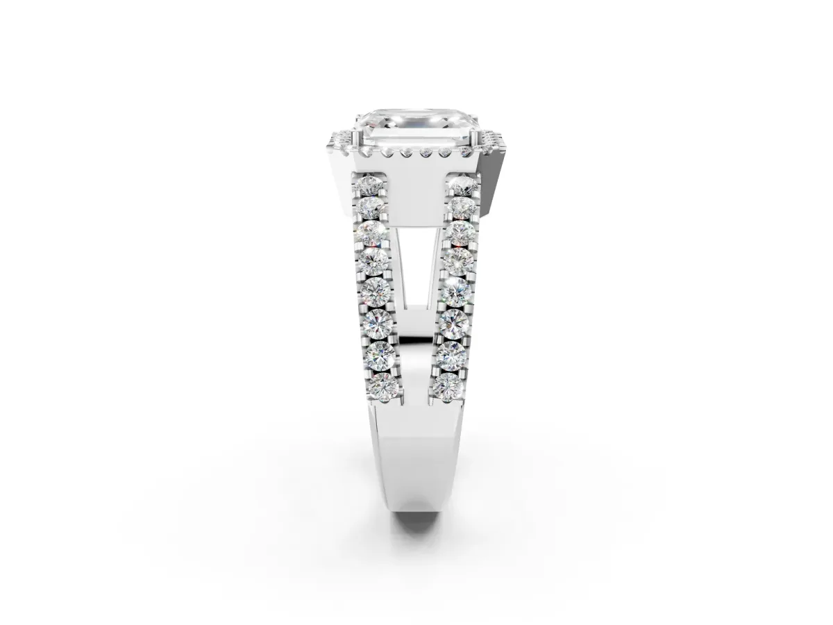 Asscher Cut Cut Halo Split Shank Diamond Ring with Four-Prong Setting Platinum