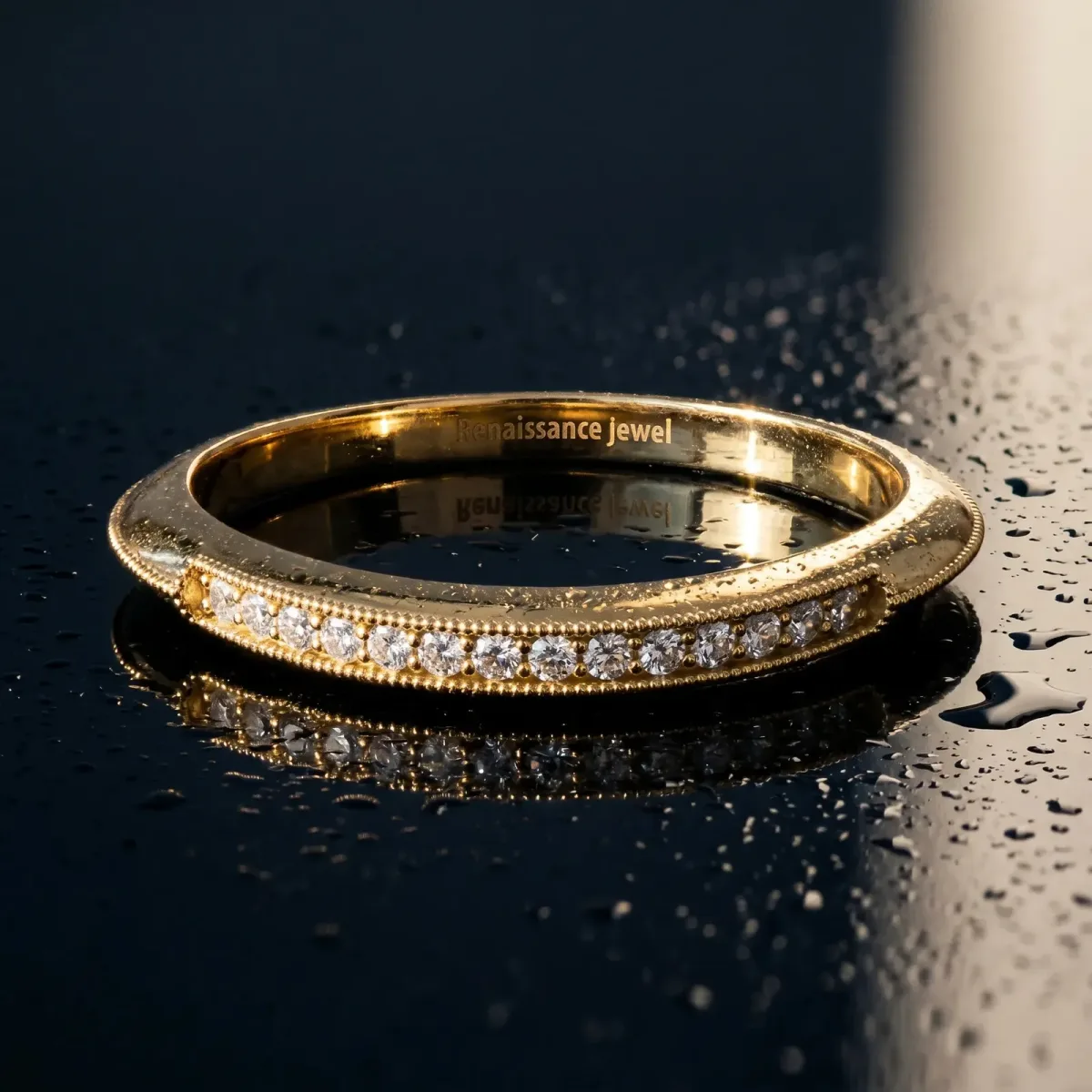Milgrain Round Diamond Pavé Set Half Eternity Band Yellow gold