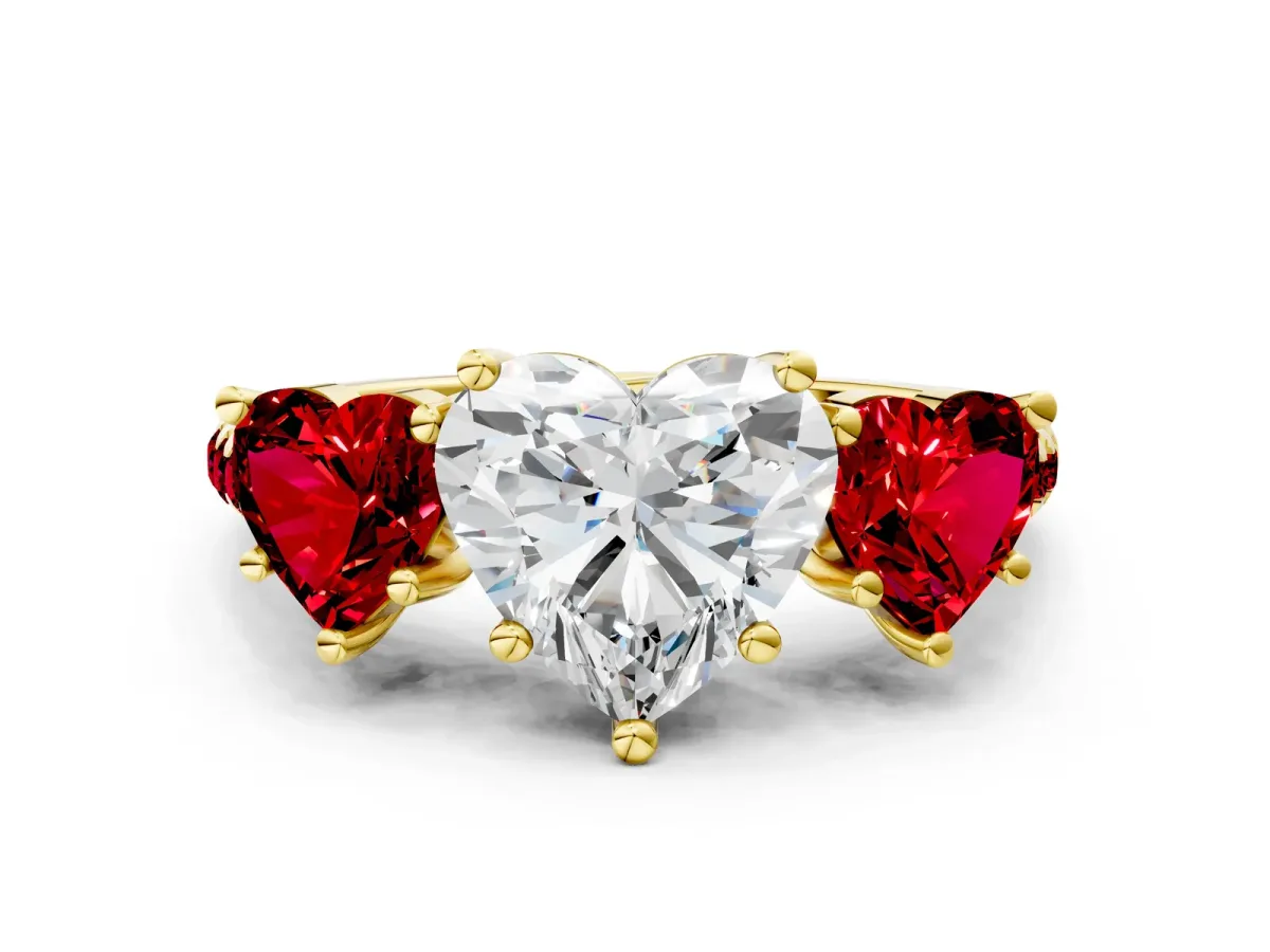 Three-Stone Heart Cut Diamond Ring with Round Ruby Pavé Band and Prong Setting Yellow gold
