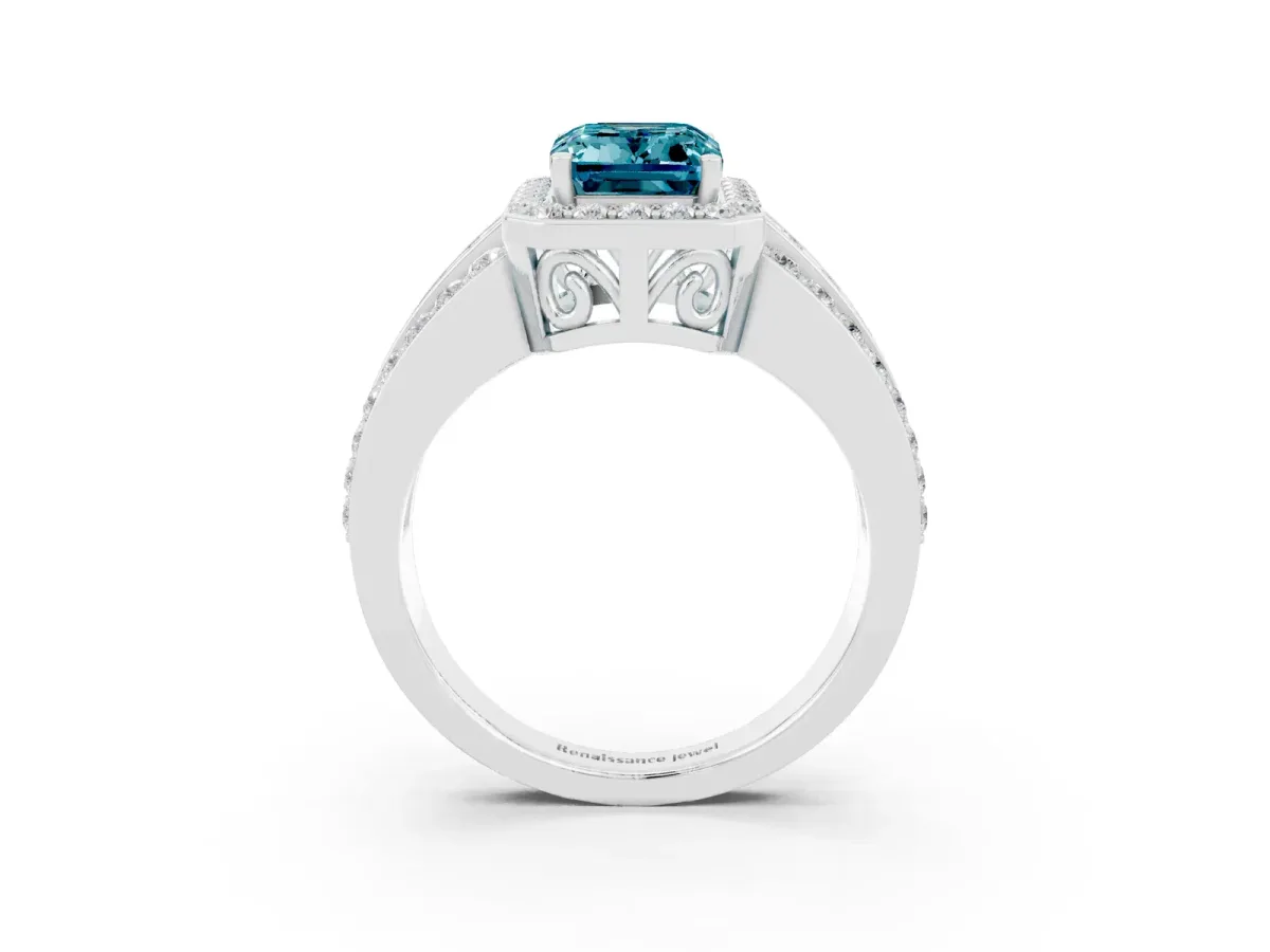Emerald Cut Halo Blue Topaz Ring with Round Split Shank and Prong Setting White gold