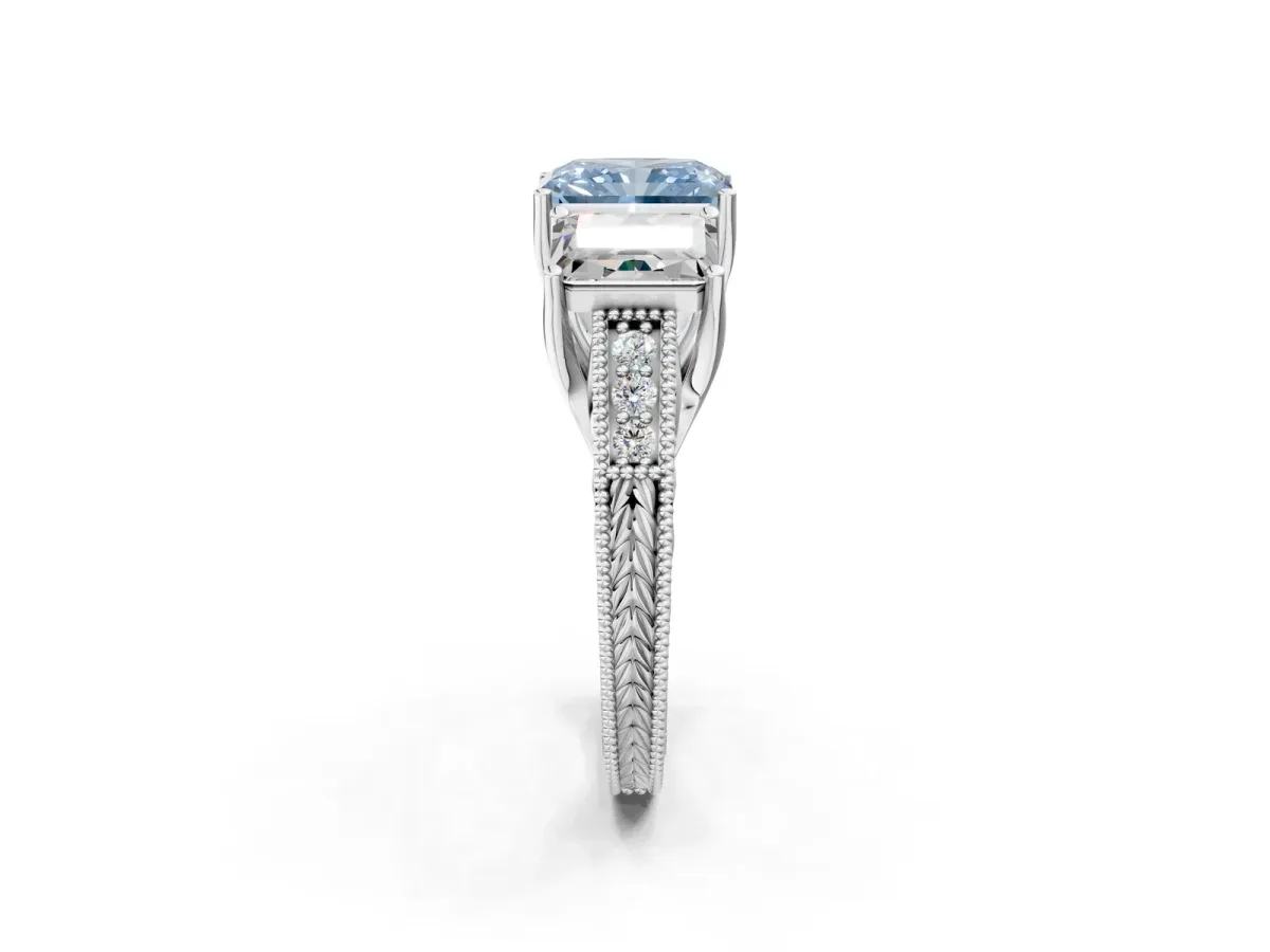 Fancy Blue Three-Stone Radiant Cut Cut Milgrain Pavé Engagement Ring Platinum