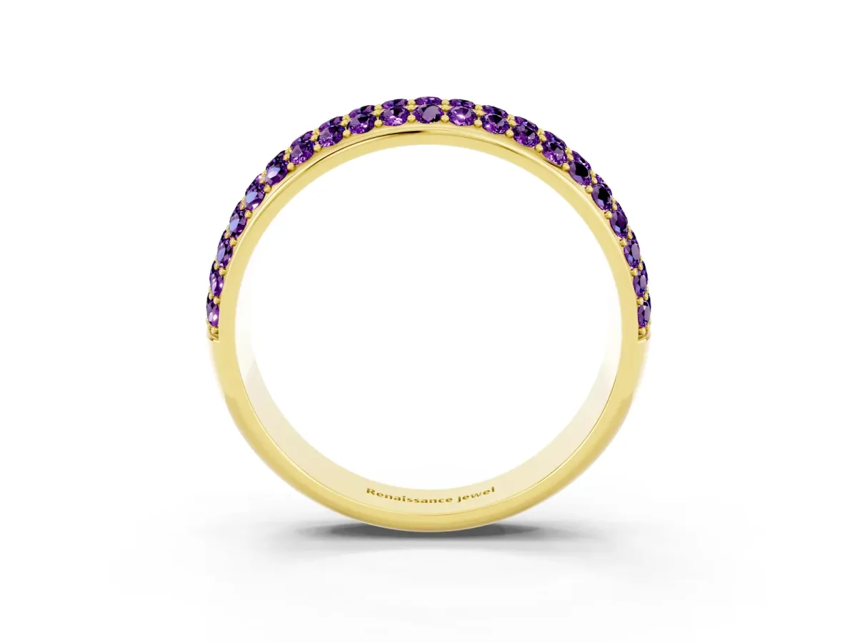 Three-Row Round Amethyst Eternity Band with Shared Prong Setting Yellow gold