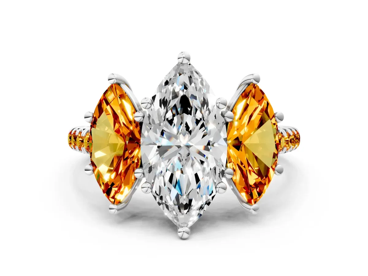 Three-Stone Marquise Cut Diamond Ring with Round Citrine Pavé Band and Prong Setting Silver
