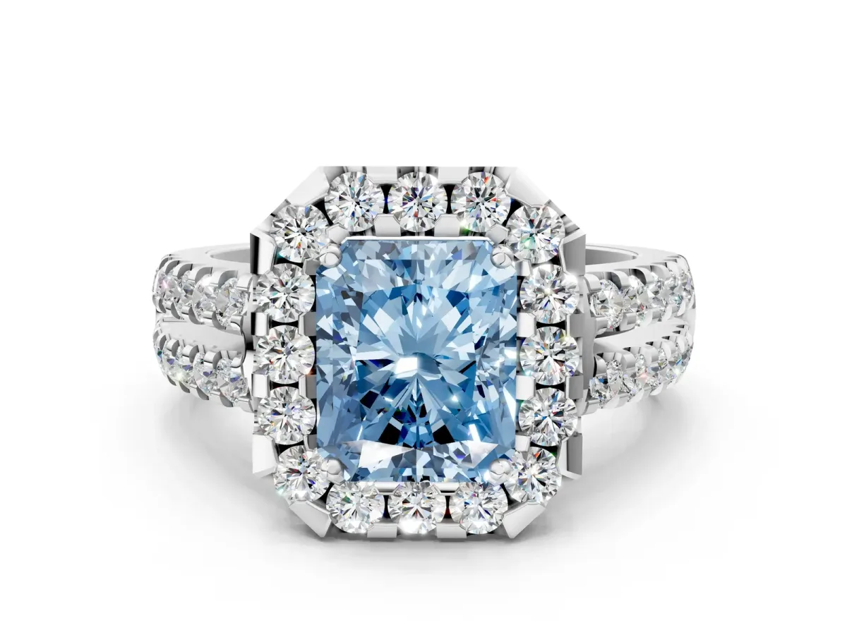 Fancy Blue Radiant Cut Halo Diamond Split Shank Engagement Ring with Prong Setting Platinum