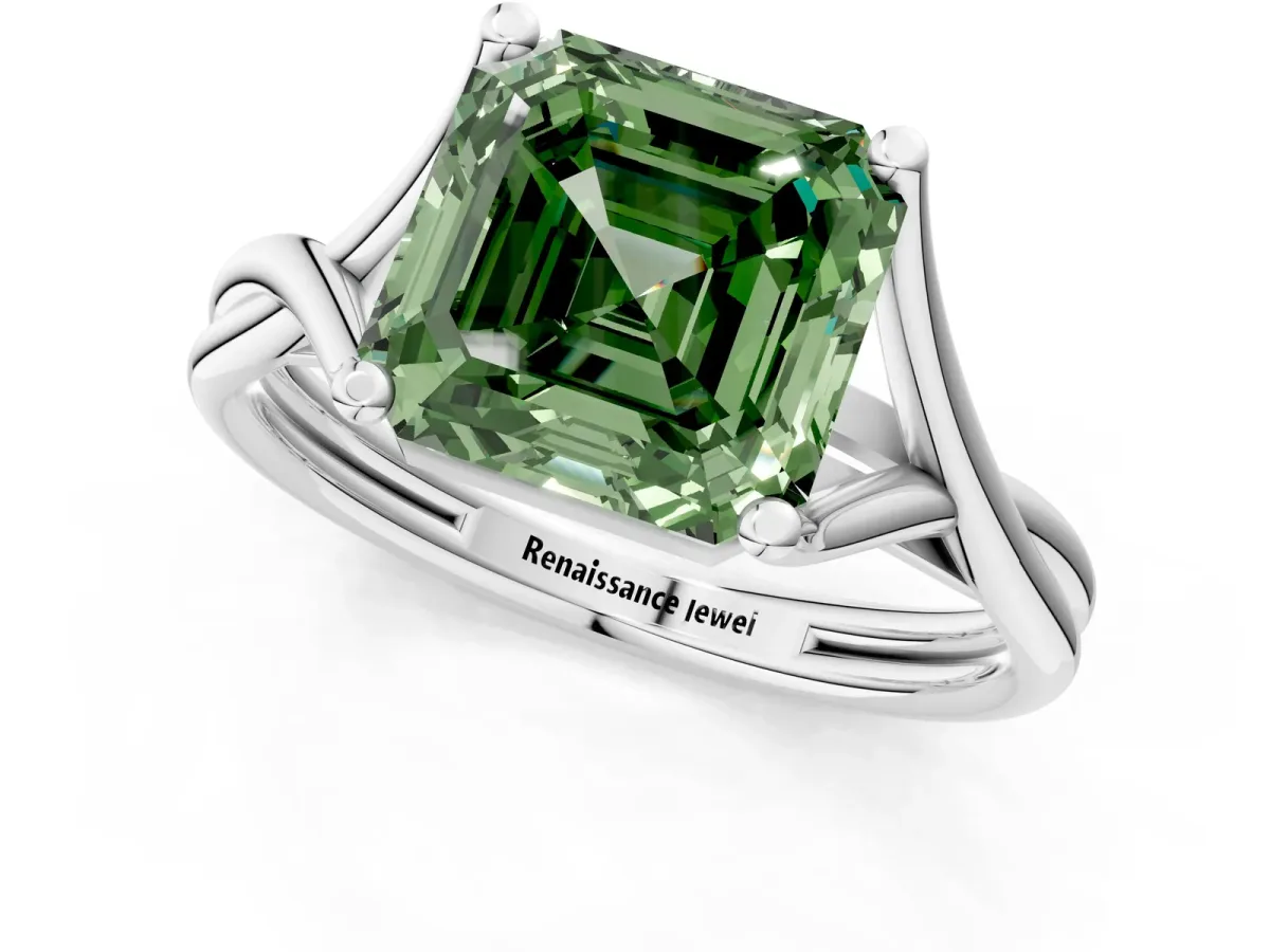 Fancy Green Asscher Cut Diamond Solitaire Twist Band Prong Setting Ring Platinum