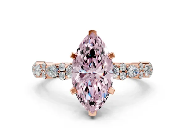 Fancy Pink Marquise Cut Diamond Side Stone Solitaire Ring with Round and Four-Prong Setting Rose gold
