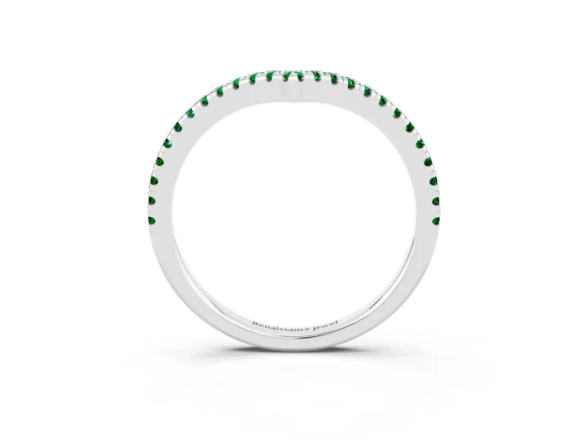 Pavé Round Emerald V-Shaped Chevron Band with Shared Prong Setting Silver