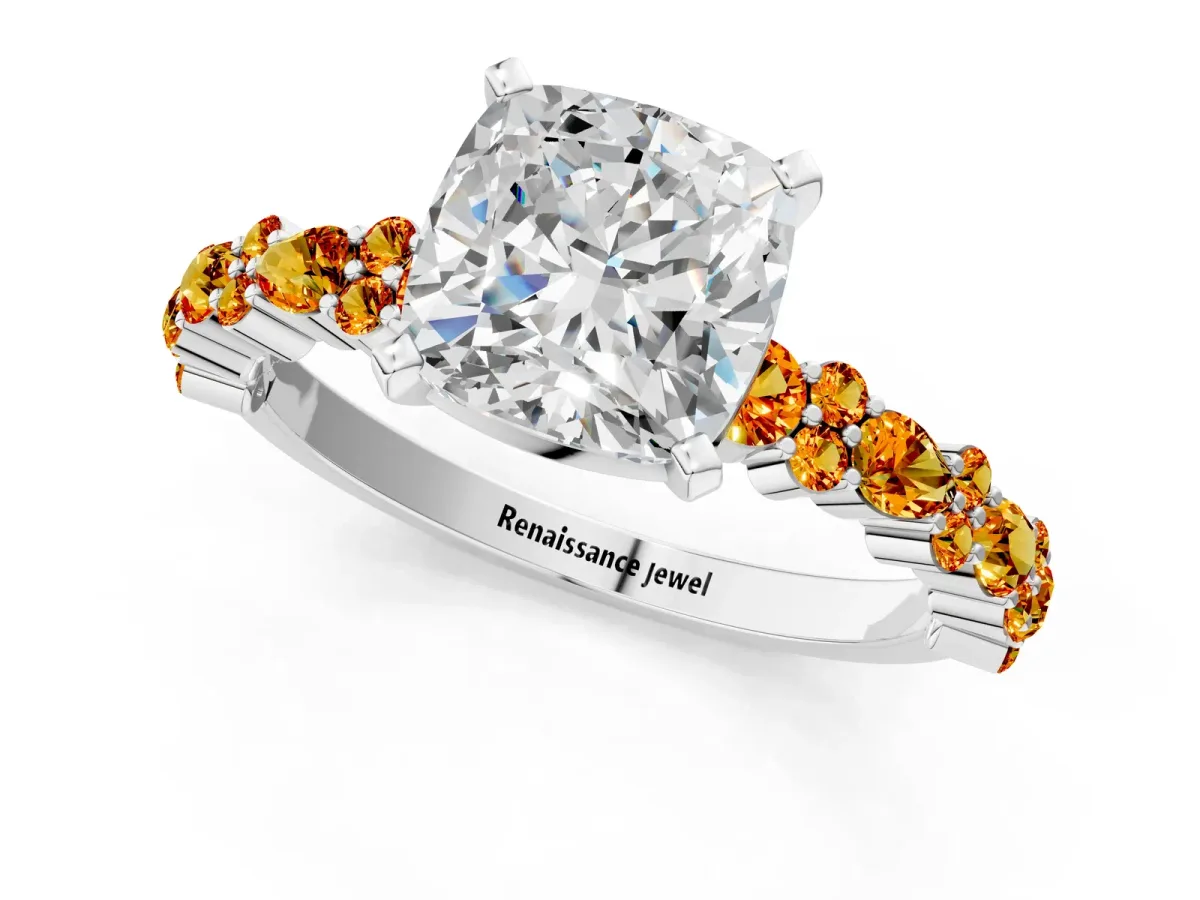 Cushion Cut Diamond Side Stone Solitaire Ring with Round Citrine and Four-Prong Setting Platinum
