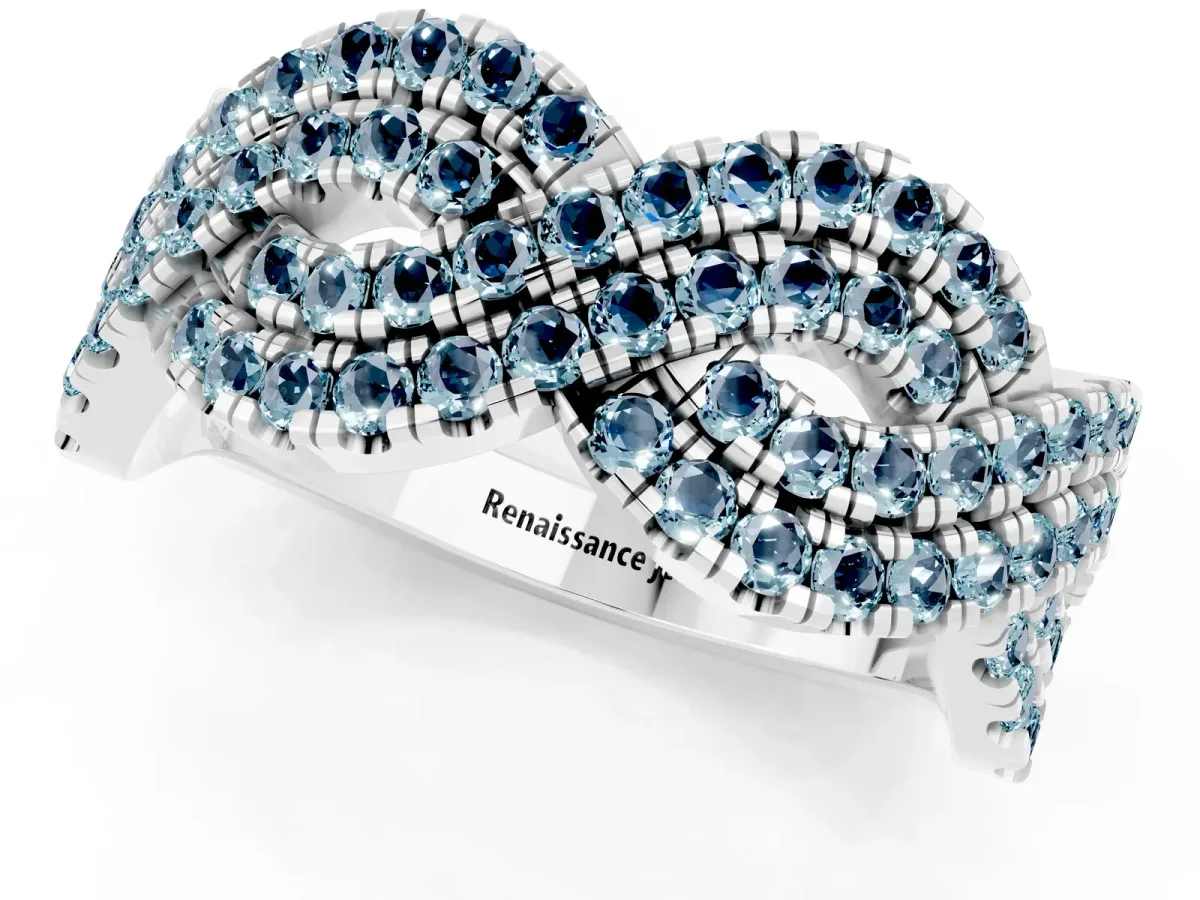 Pavé Round Aquamarine Infinity Twist Band with Shared Prong Setting Platinum