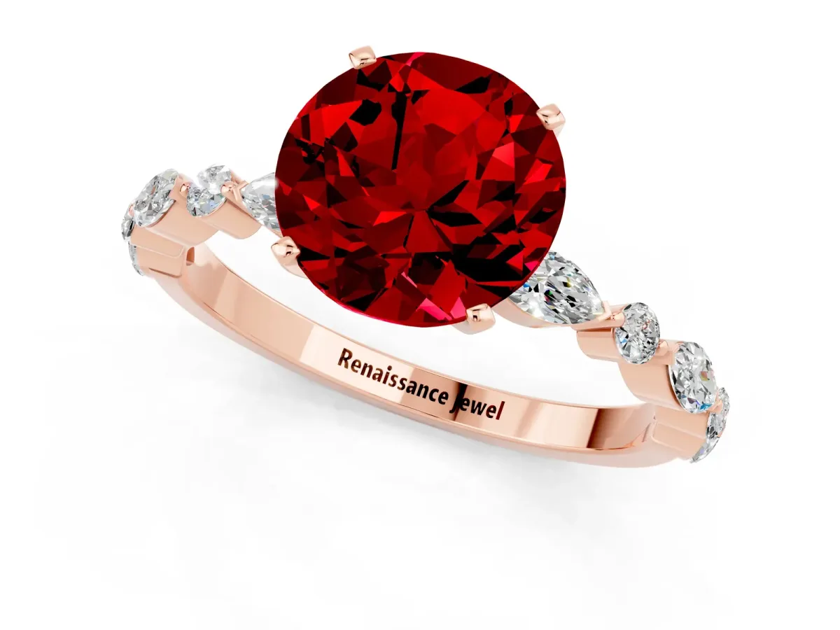 Round Cut Ruby Ring with Marquise and Round Side Stones and Four-Prong Setting Rose gold