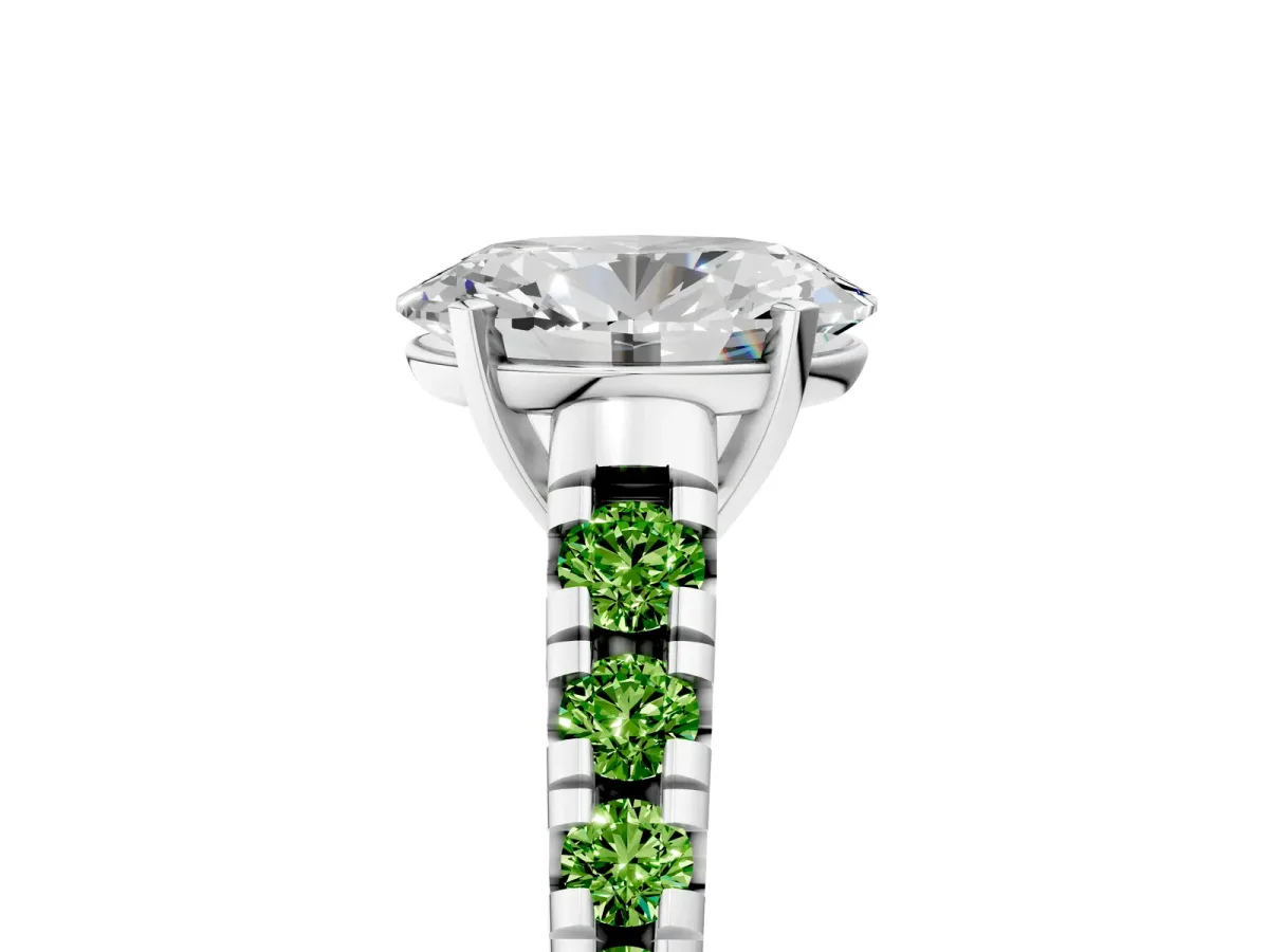 Oval Cut Diamond Cathedral Solitaire Ring with Round Peridot Pavé Band Platinum