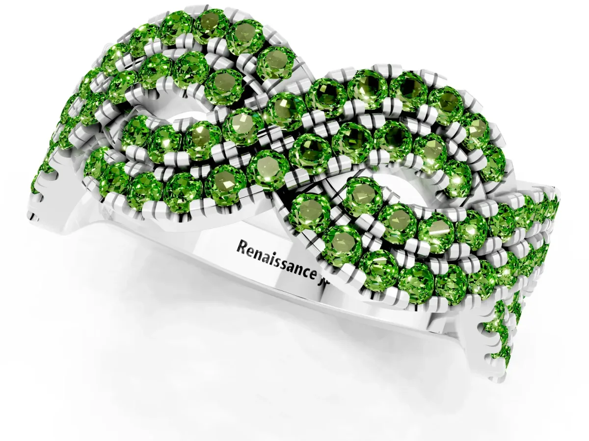 Pavé Round Peridot Infinity Twist Band with Shared Prong Setting Platinum