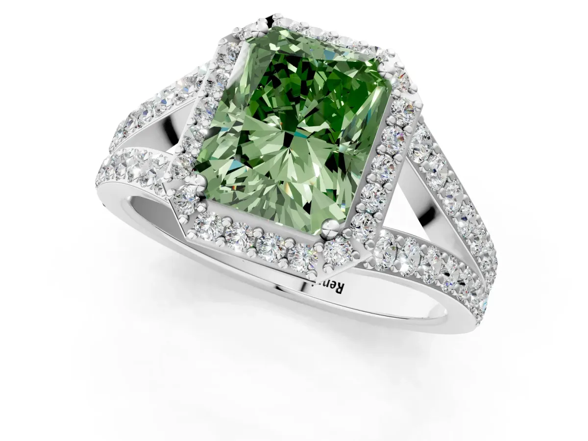 Fancy Green Radiant Cut Diamond Split Shank Halo Ring with Four-Prong Setting Platinum