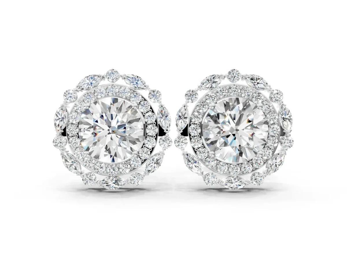 Round Diamond Double Halo Stud Earrings with Prong Setting Platinum