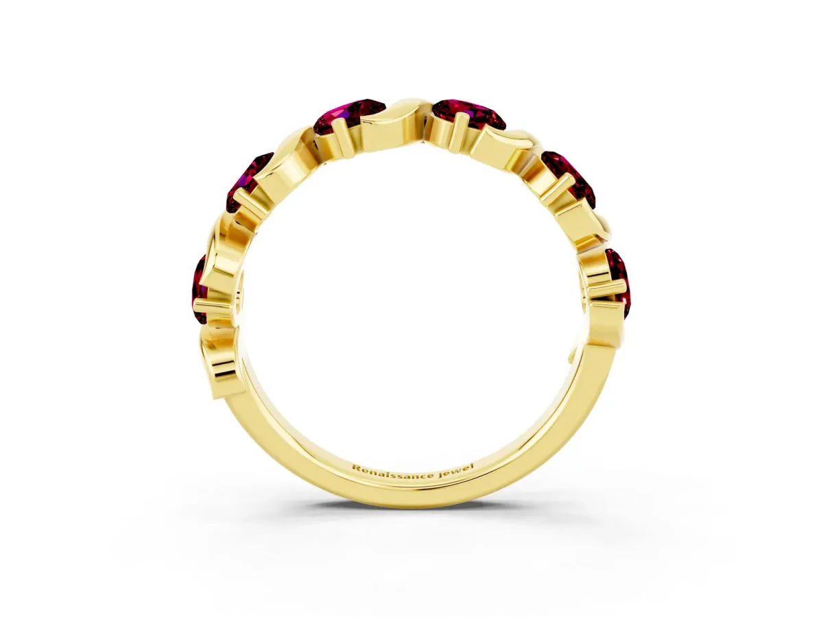 Six-Stone Round Garnet Wave Band with Shared Prong Setting Yellow gold