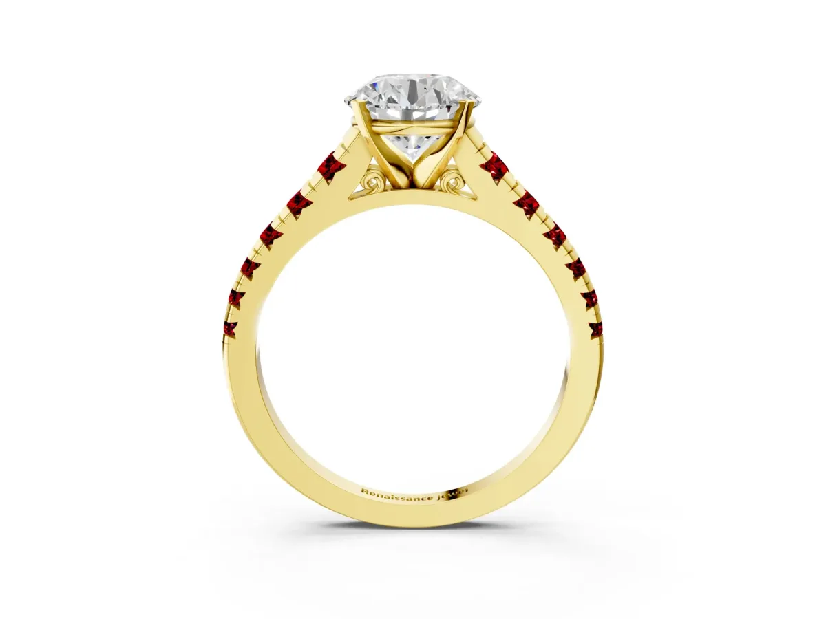 Round Cut Diamond Cathedral Solitaire Ring with Round Ruby Pavé Band Yellow gold