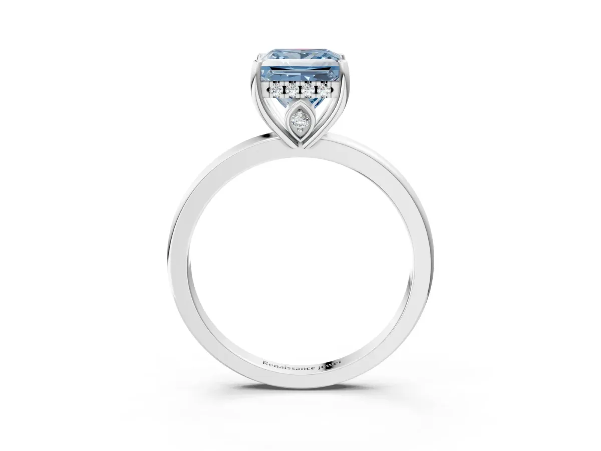 Fancy Blue Princess Cut Solitaire Diamond Ring with Prong Setting and Plain Band Silver