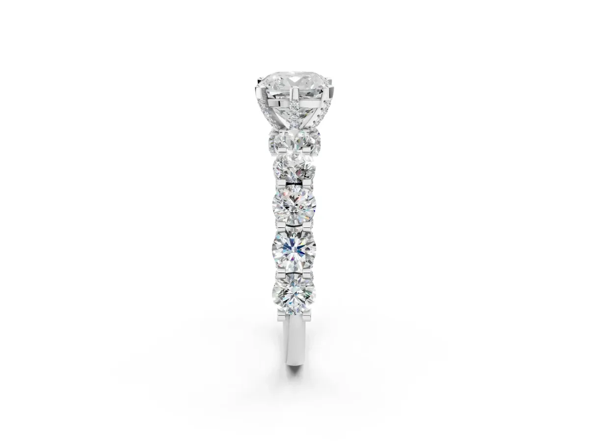 Cushion Cut Diamond Side Stone Engagement Ring with Four-Prong Setting White gold